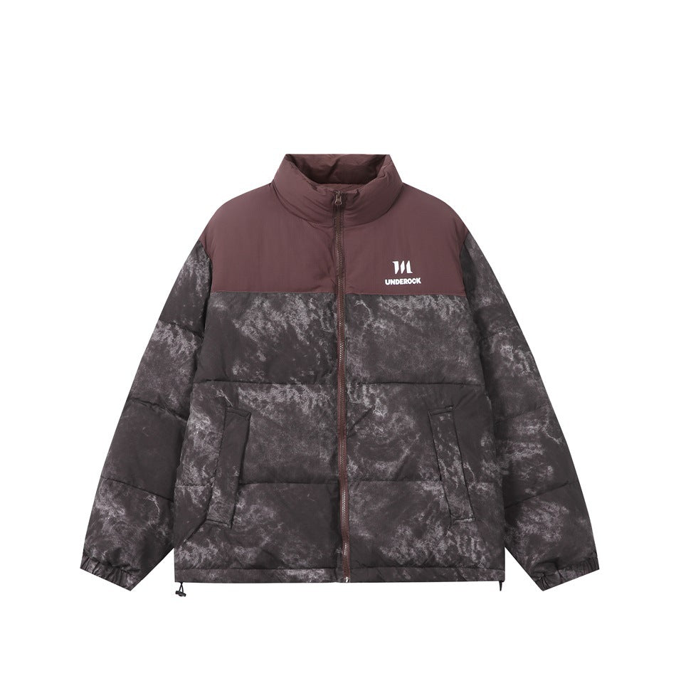 Brown and charcoal marbled-print puffer jacket with brown yoke, stand collar, front zip and pockets, flat view