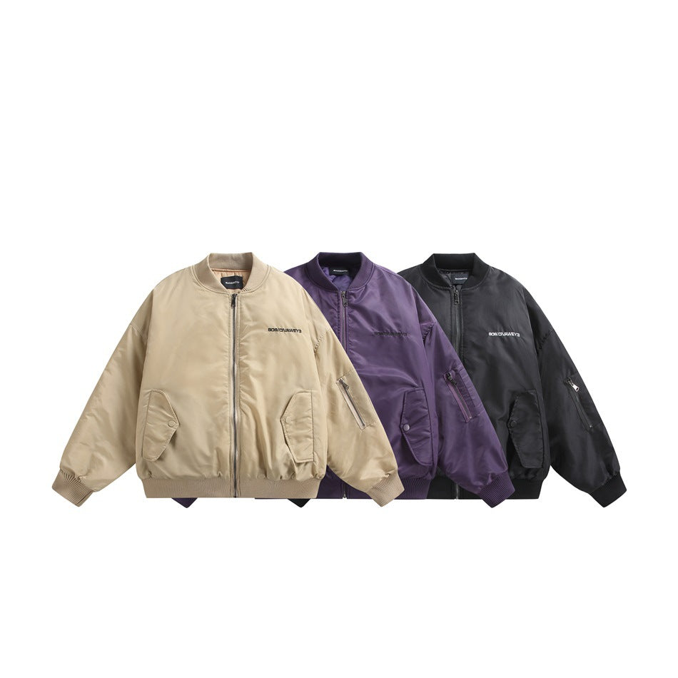 Three front-facing bomber jackets shown together in beige, purple and black.
