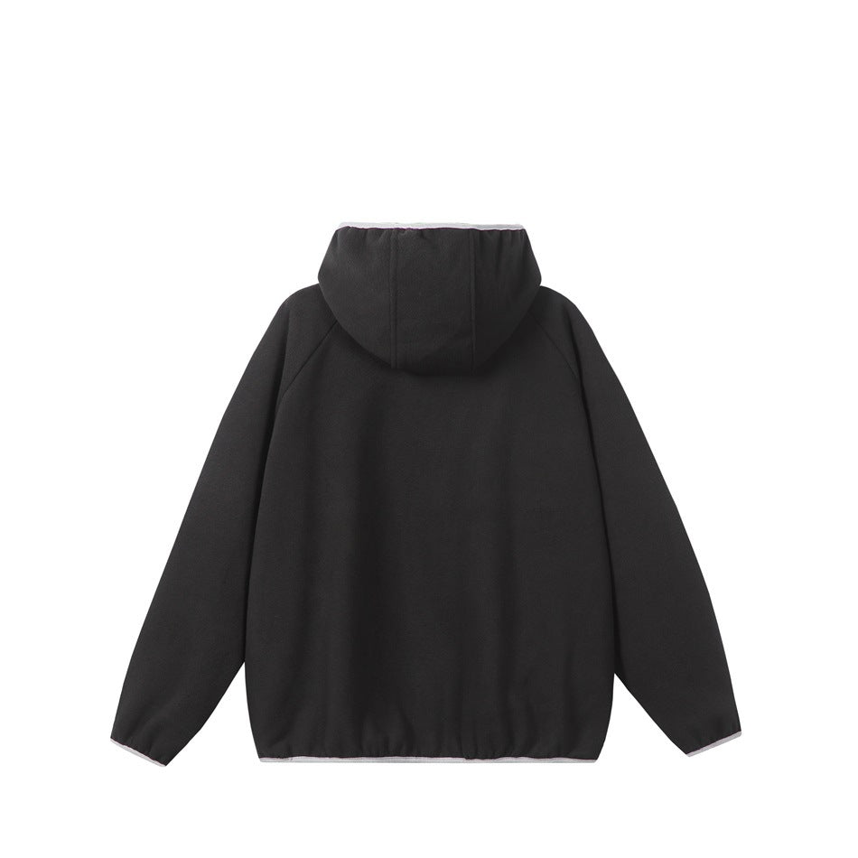 Back view of a black hooded jacket laid flat, with long sleeves and a plain back.