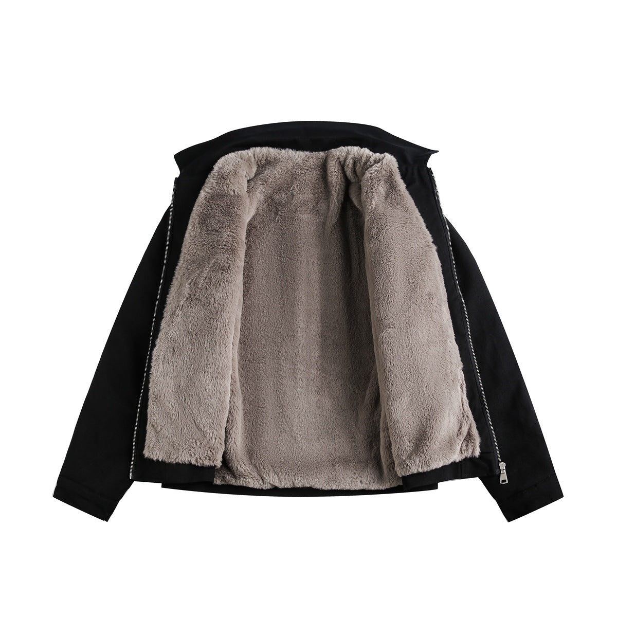 Black collared jacket shown open, revealing a plush gray lining and a front zipper.