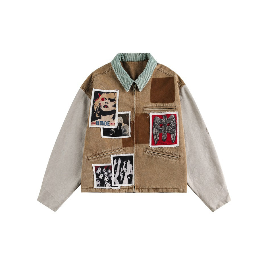 Tan-brown cropped zip jacket with grey-beige sleeves, green corduroy collar and photo patches, flat front view
