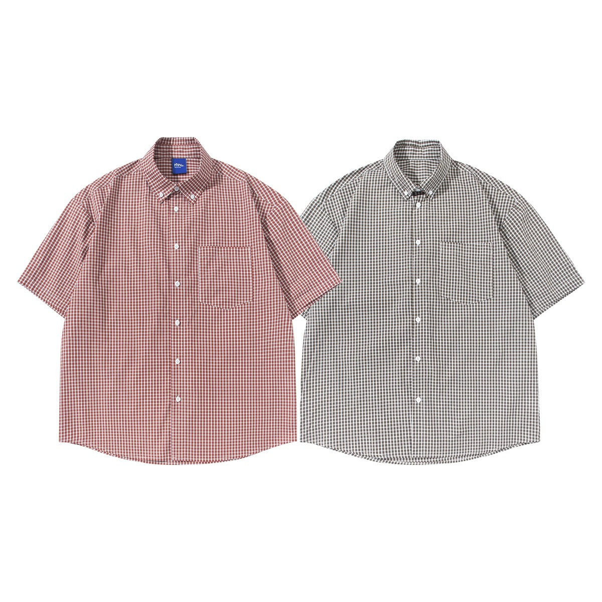 Two short-sleeve button-up gingham shirts shown from the front: one rust and white, one dark gray and white.
