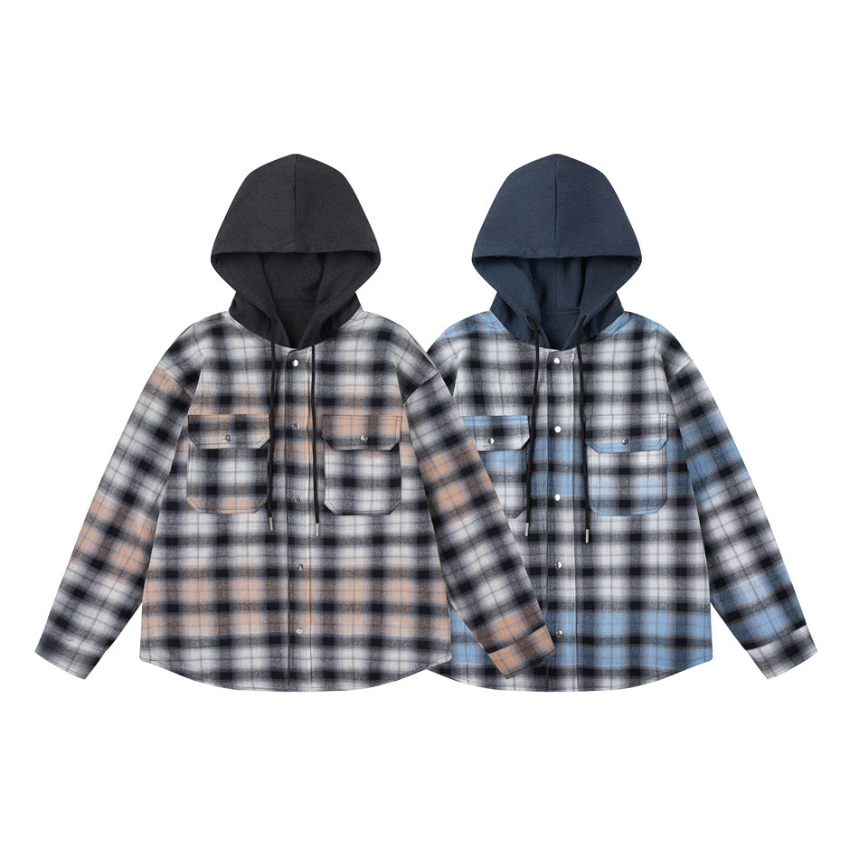 Two hooded plaid button-up shirts shown together, one with warm tan accents and one with blue accents.