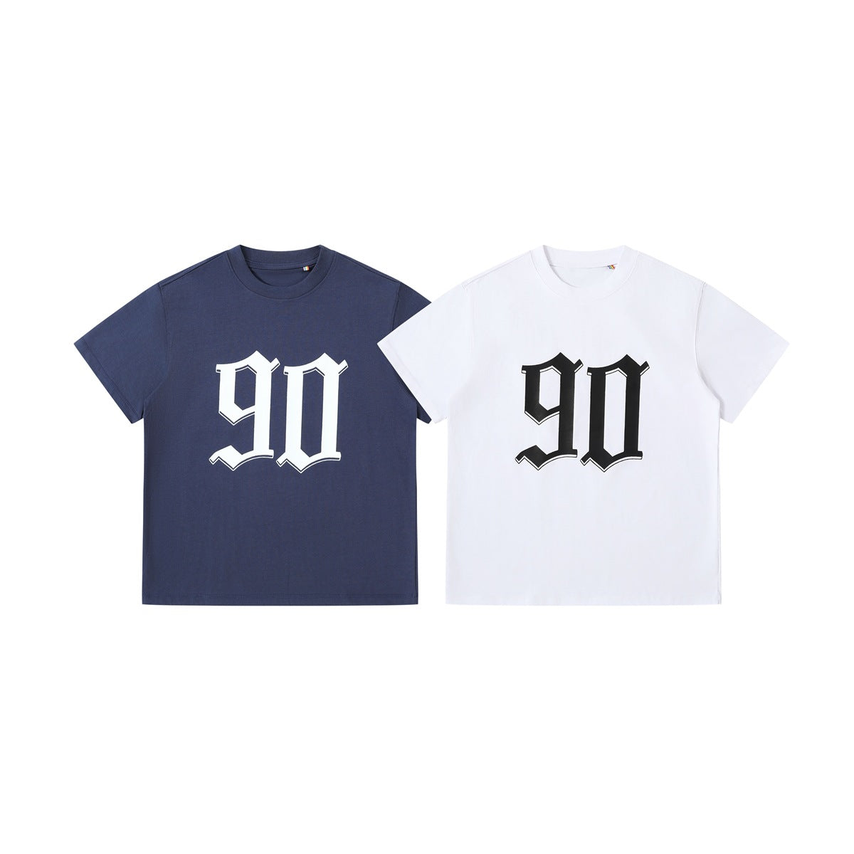 Front views of navy and white crew-neck T-shirts, each with a large contrasting Gothic-style number graphic.