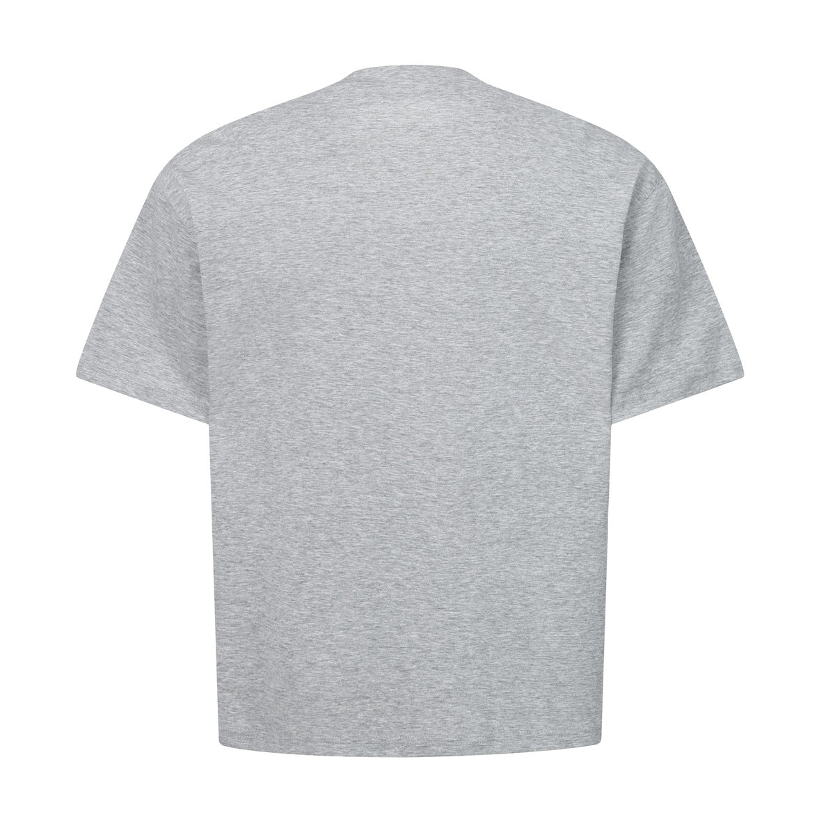 Back view of a plain heather gray short-sleeve T-shirt.