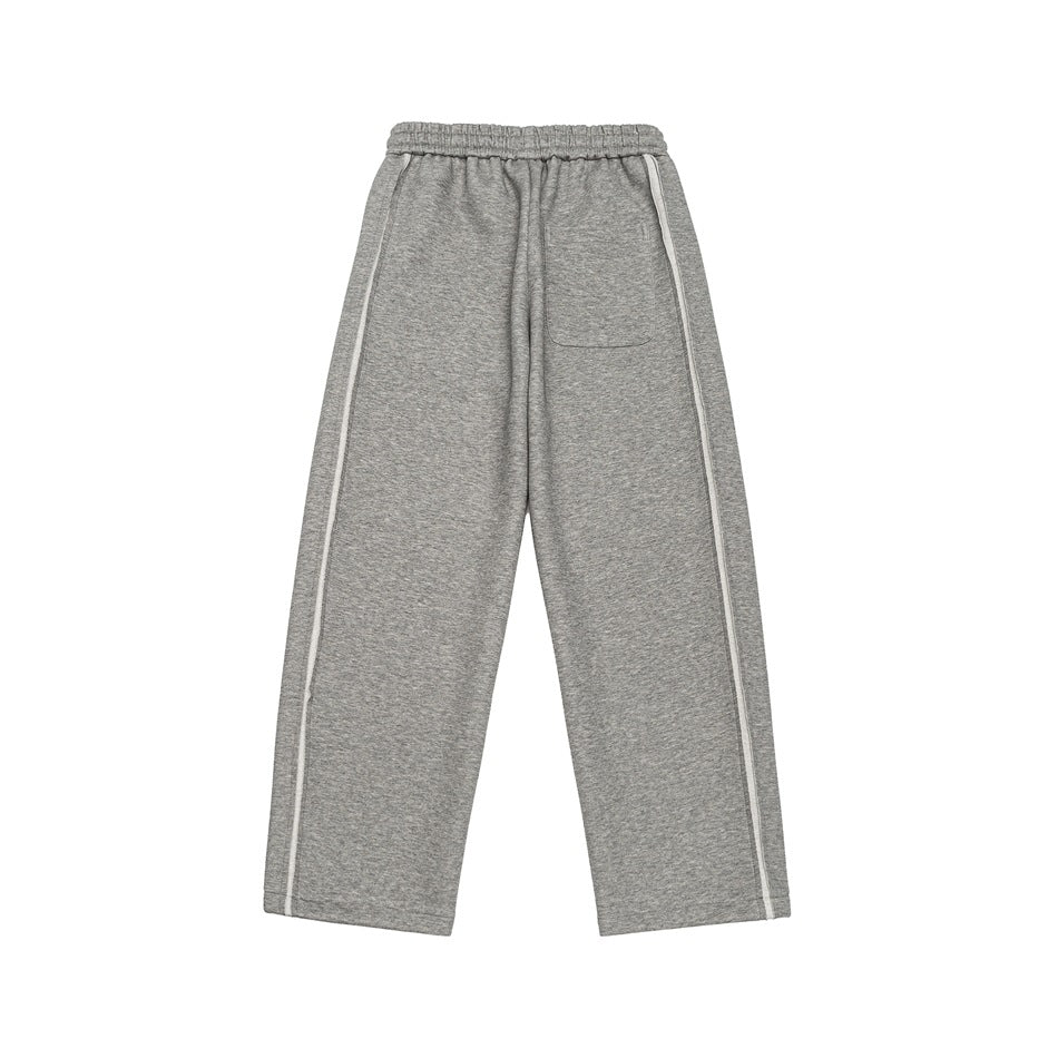 Back view of heather-gray wide-leg sweatpants with an elastic waistband, one patch pocket, and white side stripes.