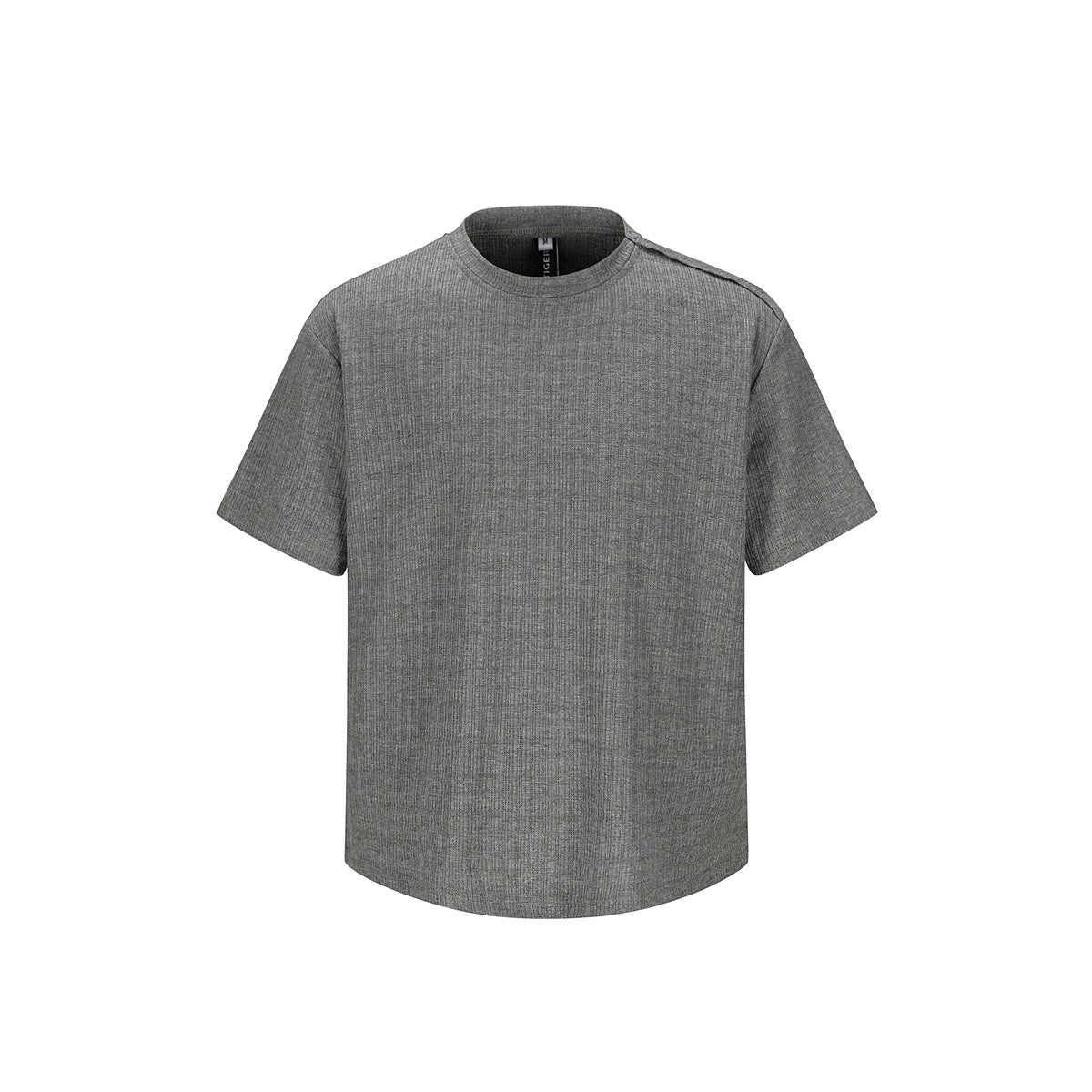 Heather gray ribbed short-sleeve crew-neck T-shirt, front flat lay with shoulder button detail