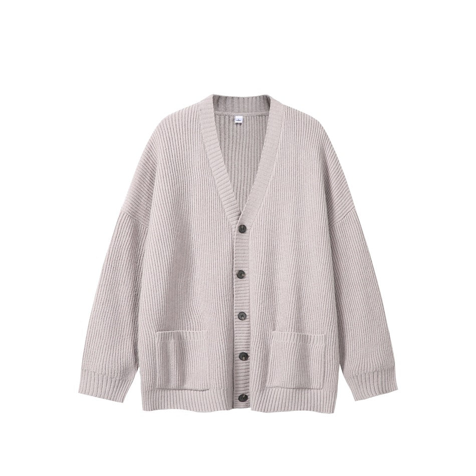 Light gray ribbed knit button-front cardigan with V-neck, dark buttons and two patch pockets, flat lay front view