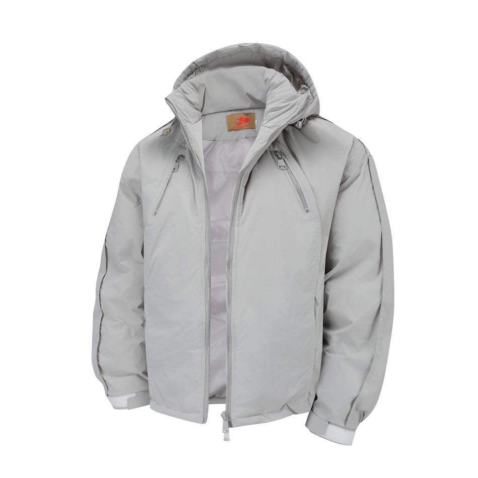 Light gray hooded jacket with the front unzipped, showing the gray lining and chest zip pockets