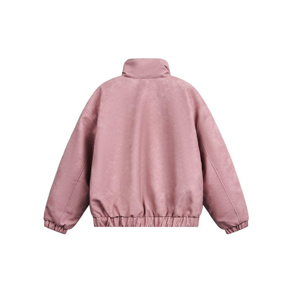 Back view of a dusty rose jacket with a high collar and elasticated cuffs and hem.