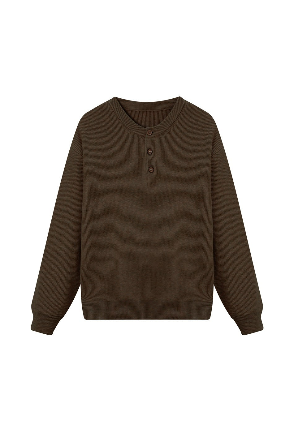 Brown ribbed-knit sweater with round neck and three-button placket, flat front view