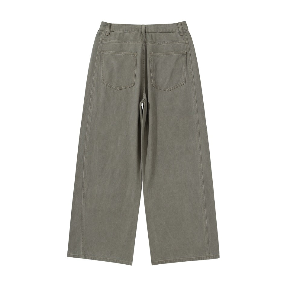 Gray-green wide-leg pants flat lay, back view, showing two patch pockets and a straight waistband