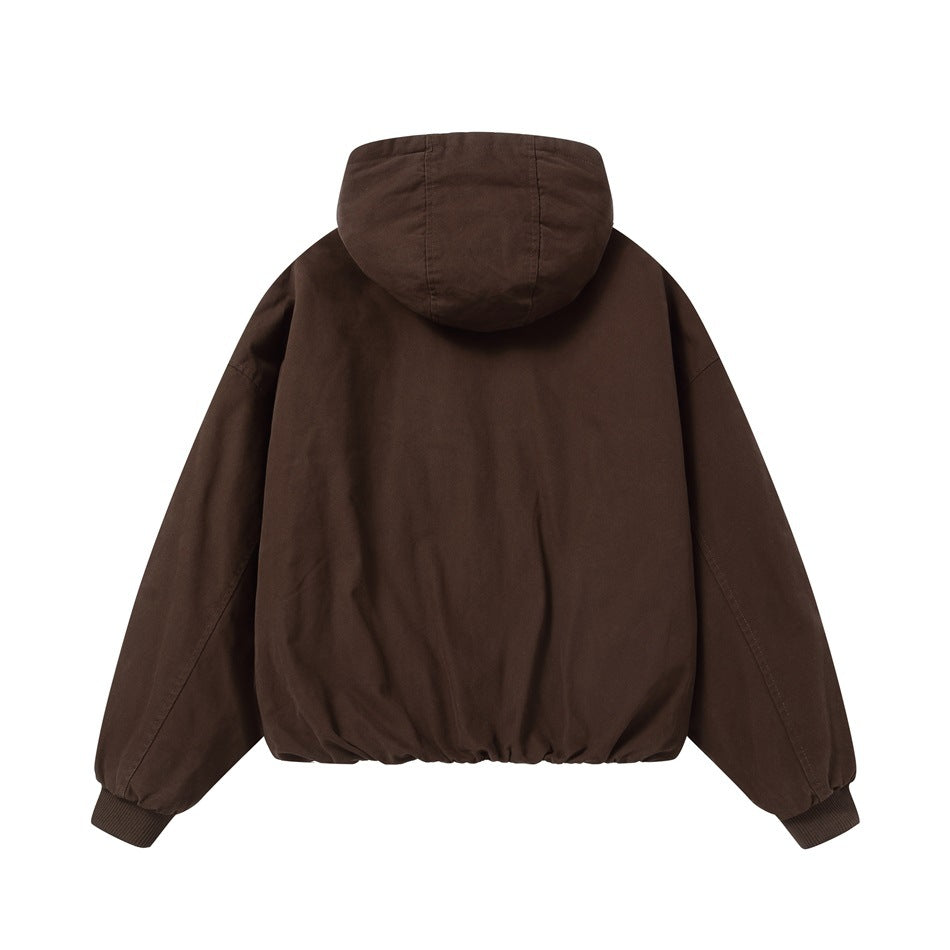 Back view of a dark brown hooded jacket with long sleeves, ribbed cuffs, and a gathered hem.
