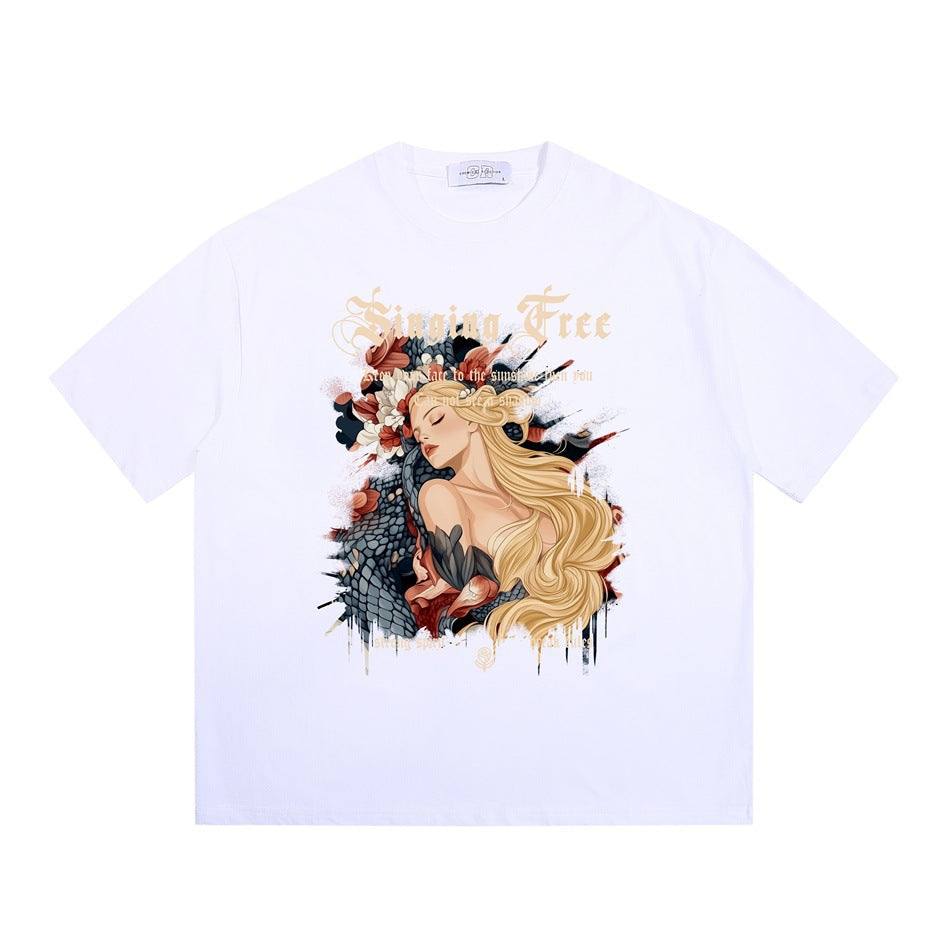 White short-sleeve crew-neck t-shirt with a woman, flowers and snake graphic and faded gothic lettering