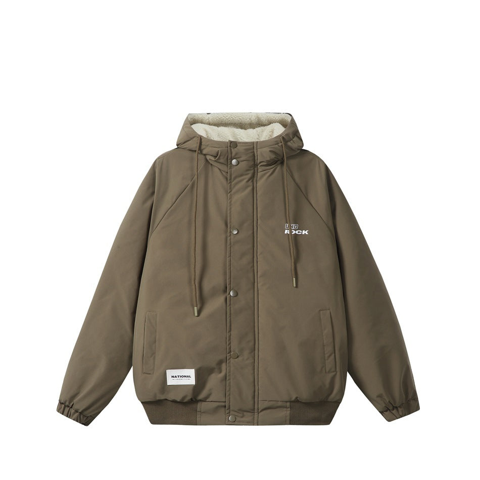 Olive green hooded jacket flat front view with cream fleece-like hood lining, snap placket and drawstrings