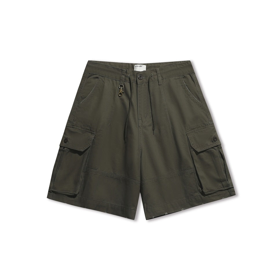 Army green cargo shorts front view with drawstring waist, clip charm and large flap cargo pockets