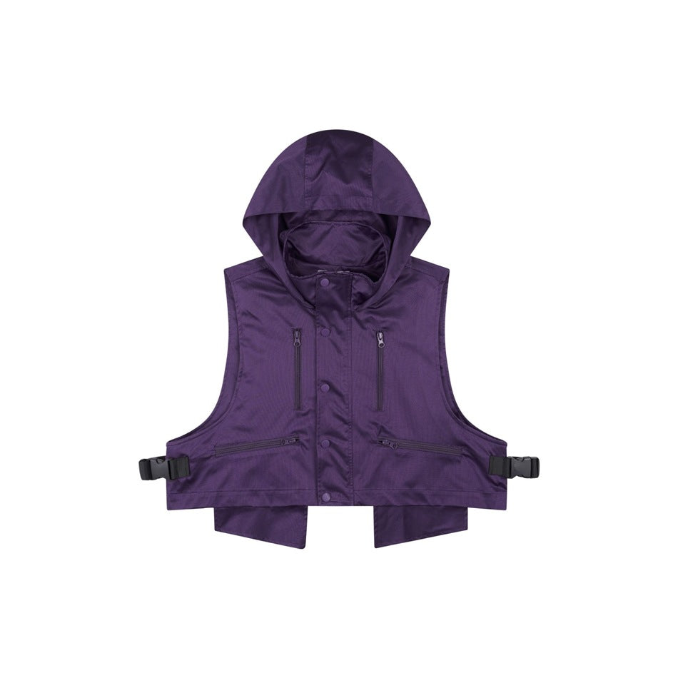 Purple hooded utility vest flat lay with snap front, zippered pockets and black side buckles