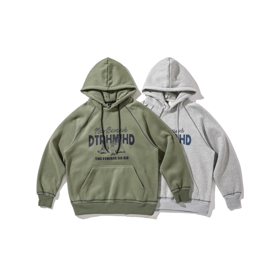 Front views of matching graphic hoodies in muted olive green and light gray.
