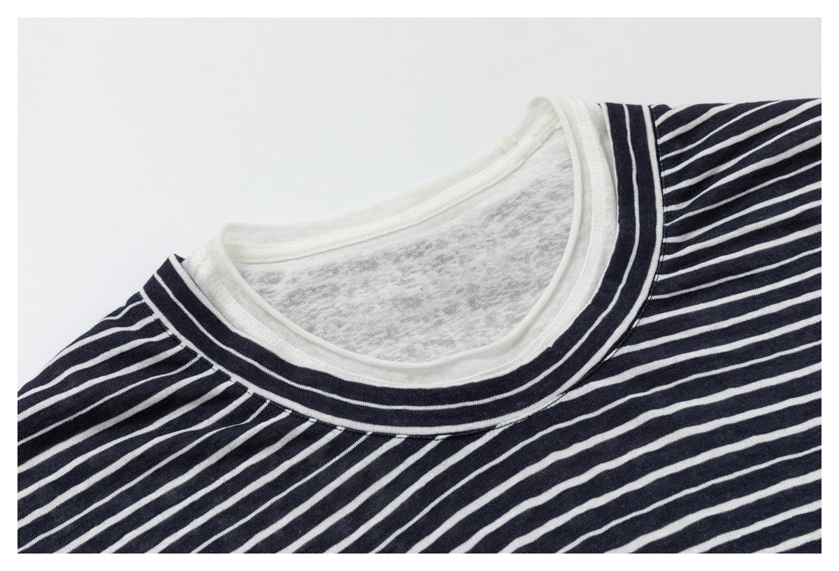 Close-up of a navy-and-white striped top showing its rounded white-trimmed neckline.