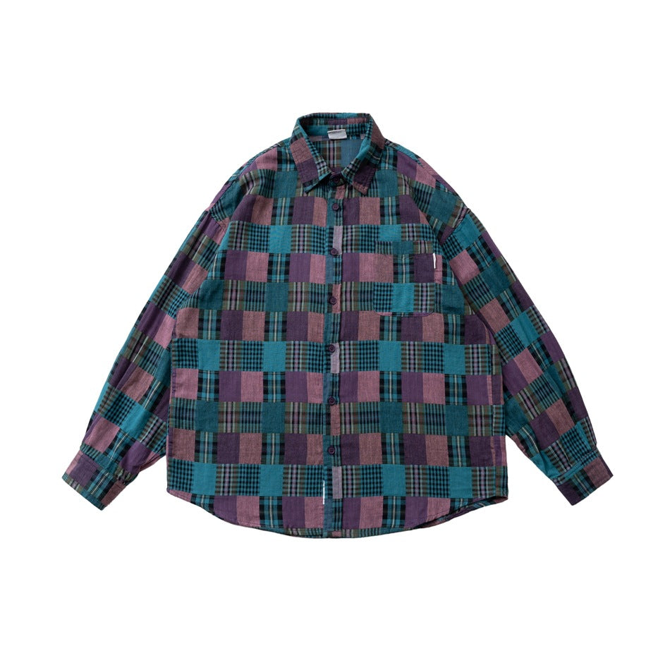 Teal and purple patchwork plaid long-sleeve button-up shirt with chest pocket, flat front view