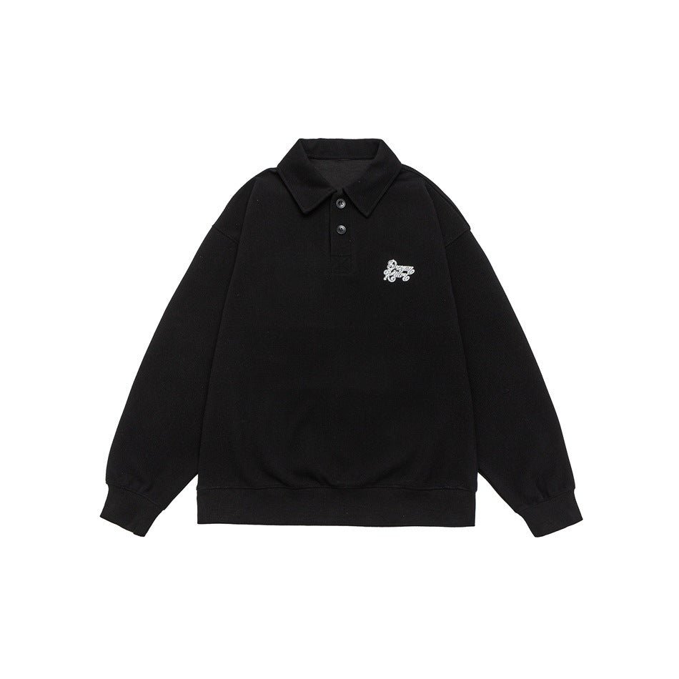 Black long-sleeve polo-collar sweatshirt flat lay with two buttons and a small embroidered logo on the chest