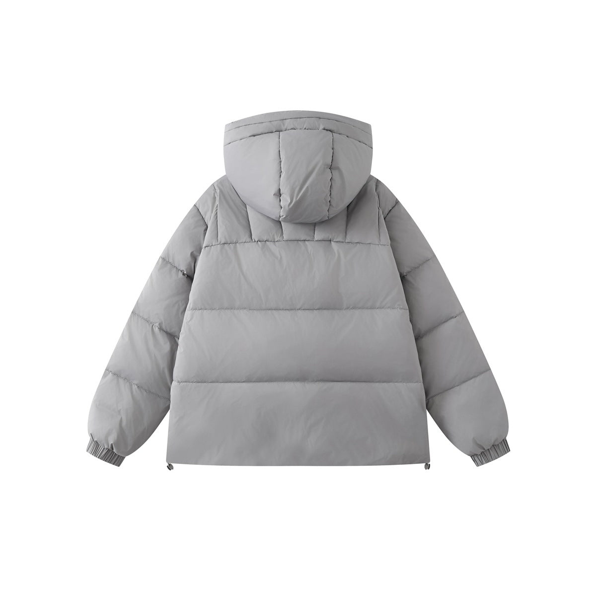 Back view of a gray hooded quilted jacket with horizontal body panels and elastic cuffs.