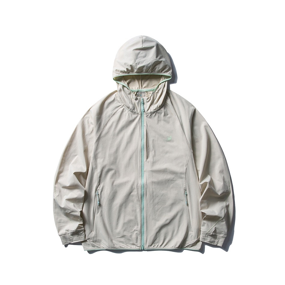 Light khaki hooded zip-up lightweight jacket flat lay with mint zipper, hood trim and chest logo