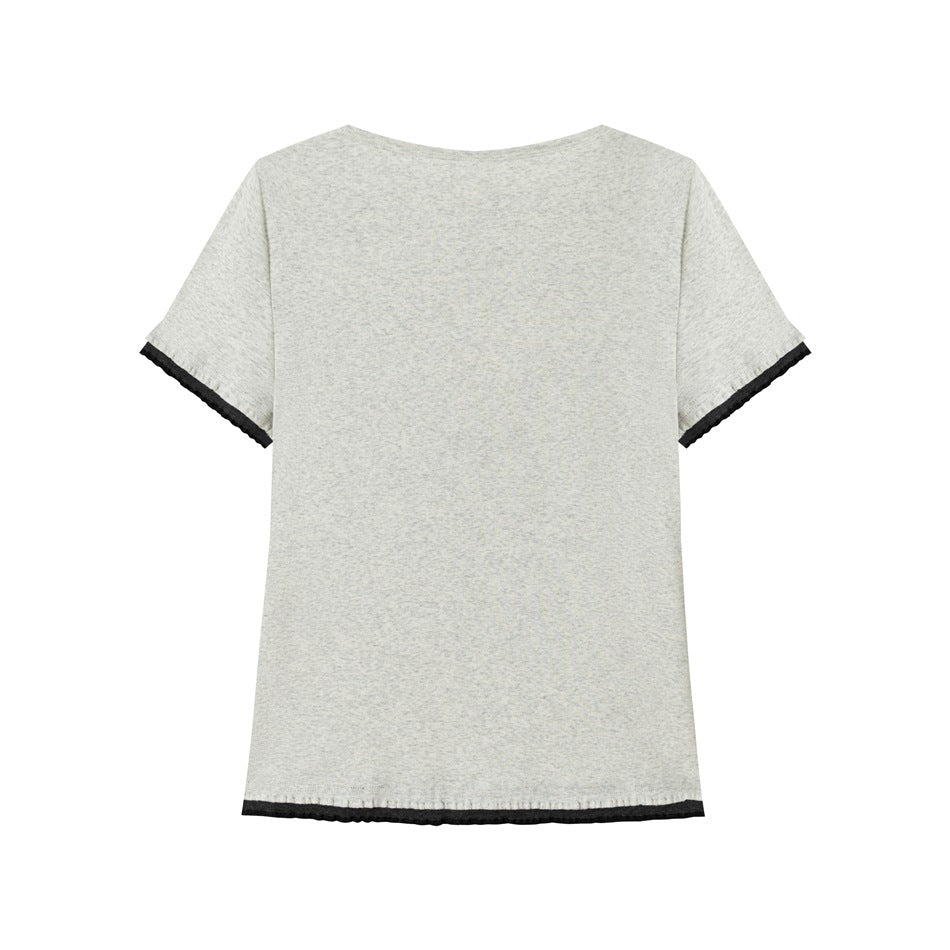 Back view of plain heather gray T-shirt with black ruffled trim on sleeve hems and bottom hem