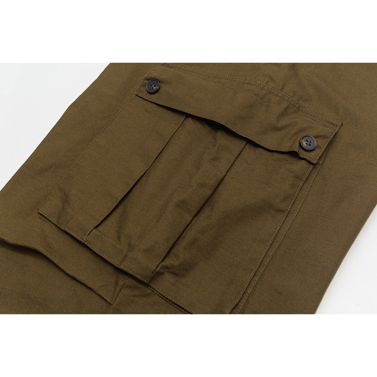 Close-up of a large button-flap cargo pocket on brown pants.