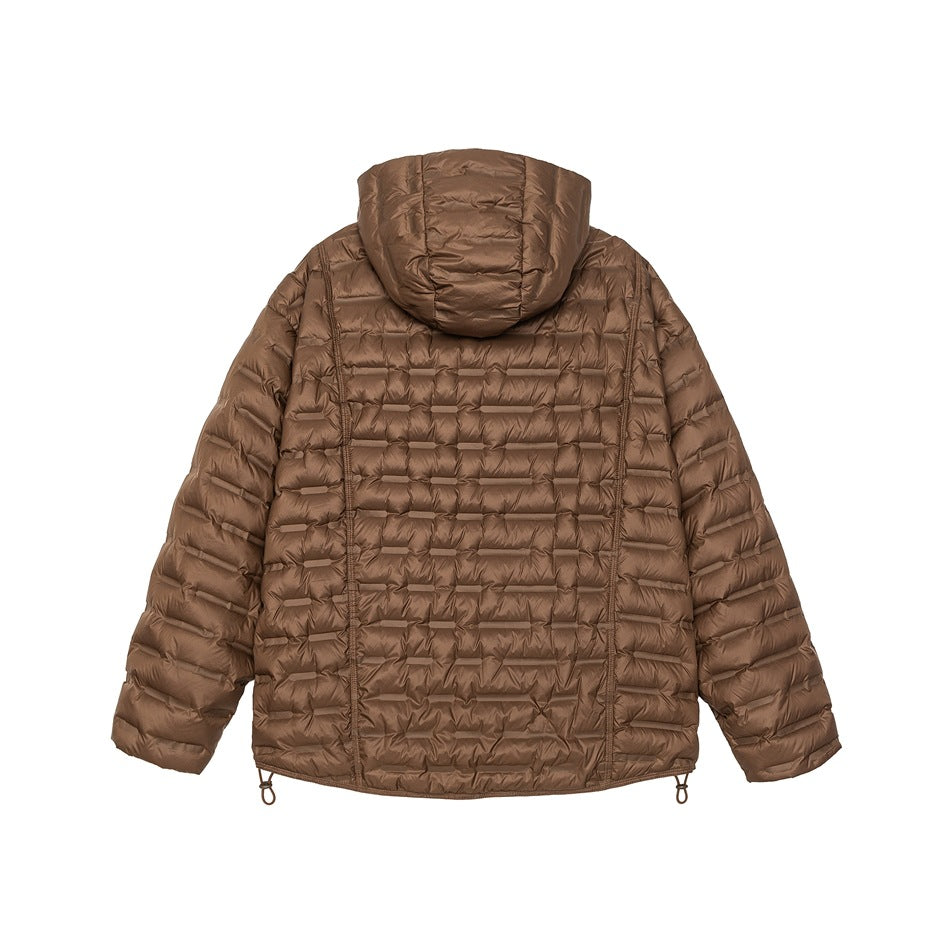 Back view of a brown hooded puffer jacket with horizontal quilting and adjustable hem cords on white.