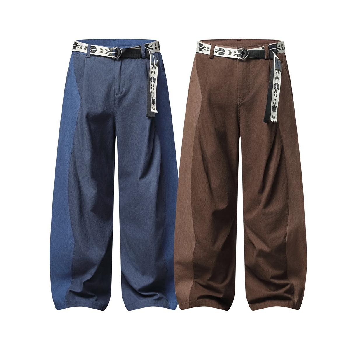 Wide-leg trousers shown in blue and brown, both with patterned belts and front pleats.