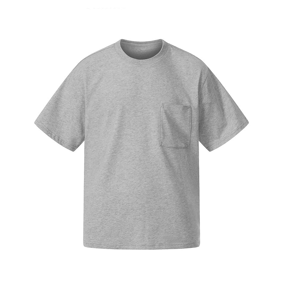 Heather gray short-sleeve crew-neck T-shirt with chest patch pocket, flat front view