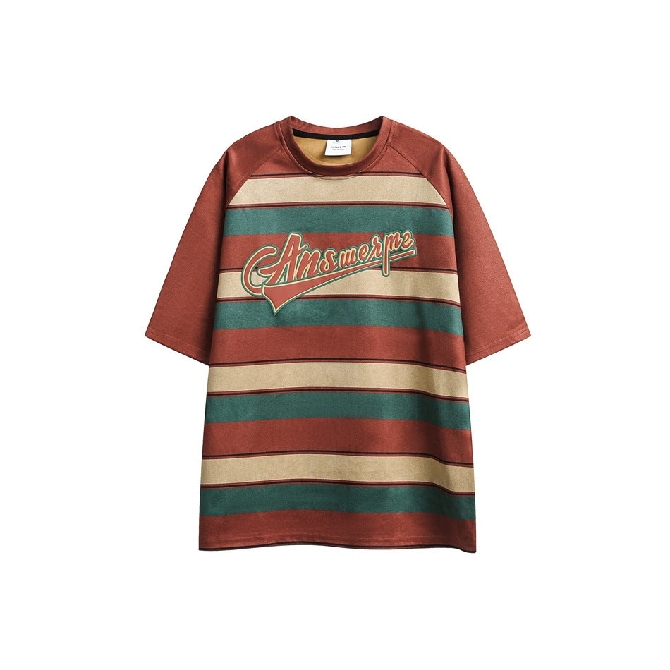 Orange rust striped raglan T-shirt with green and tan stripes and script chest graphic, flat front view