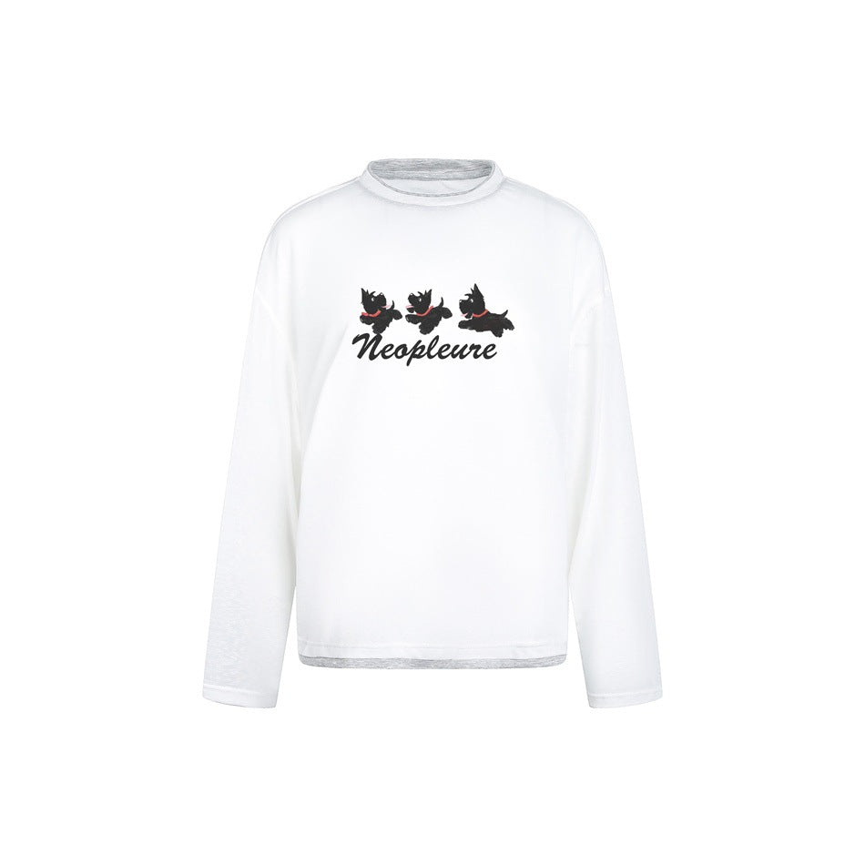 White long-sleeve top with gray layered collar and hem and a three-dog print above script text