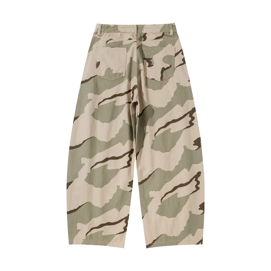 Back of desert camouflage wide-leg pants showing two patch back pockets and the diagonal camouflage pattern