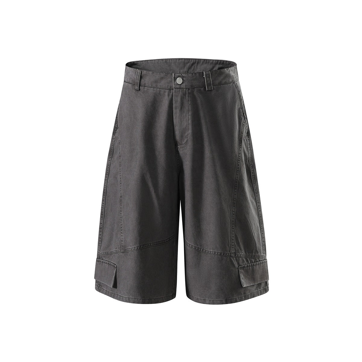 Dark gray washed knee-length wide-leg shorts, front view, with button fly, curved seams and lower flap pockets
