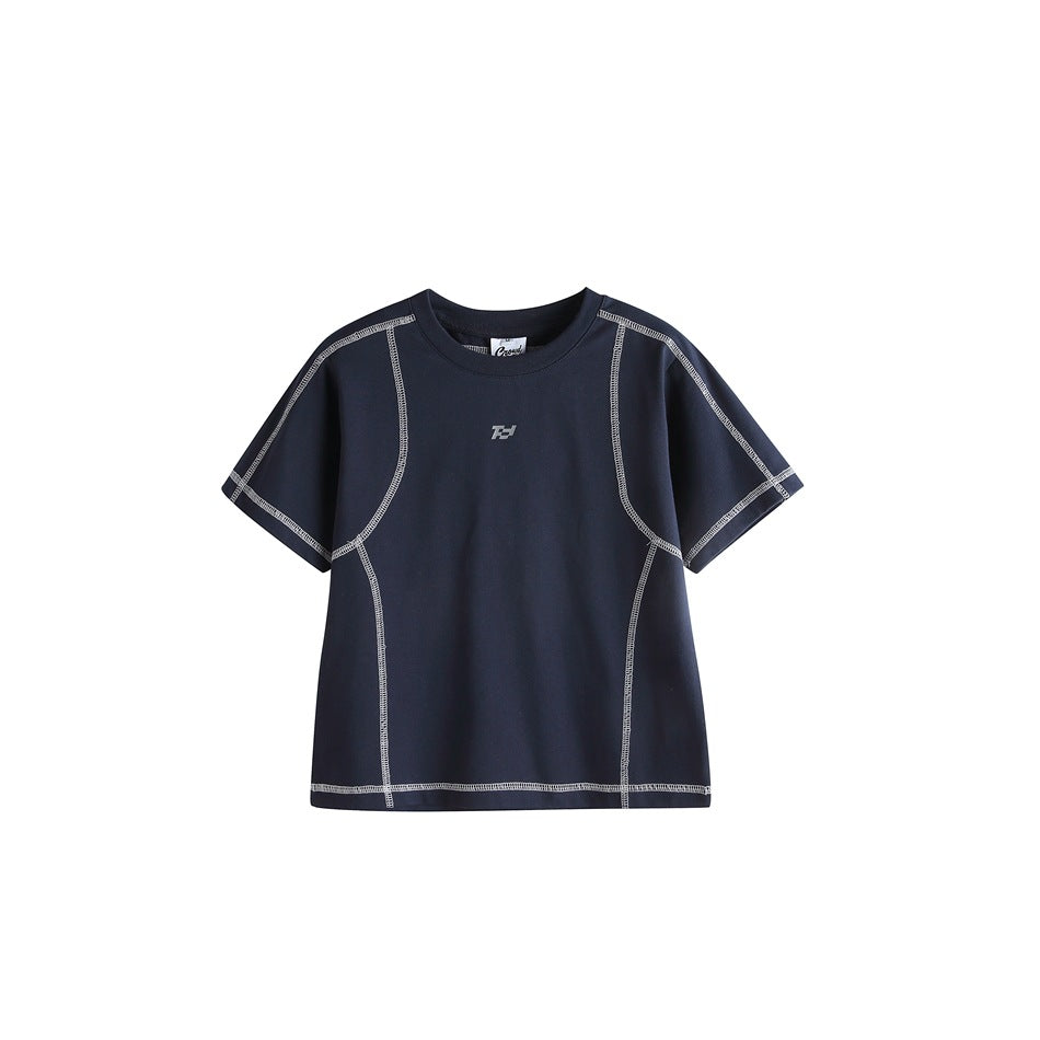 Navy short-sleeve crew-neck T-shirt with light contrast stitching and a small gray chest logo, flat front view