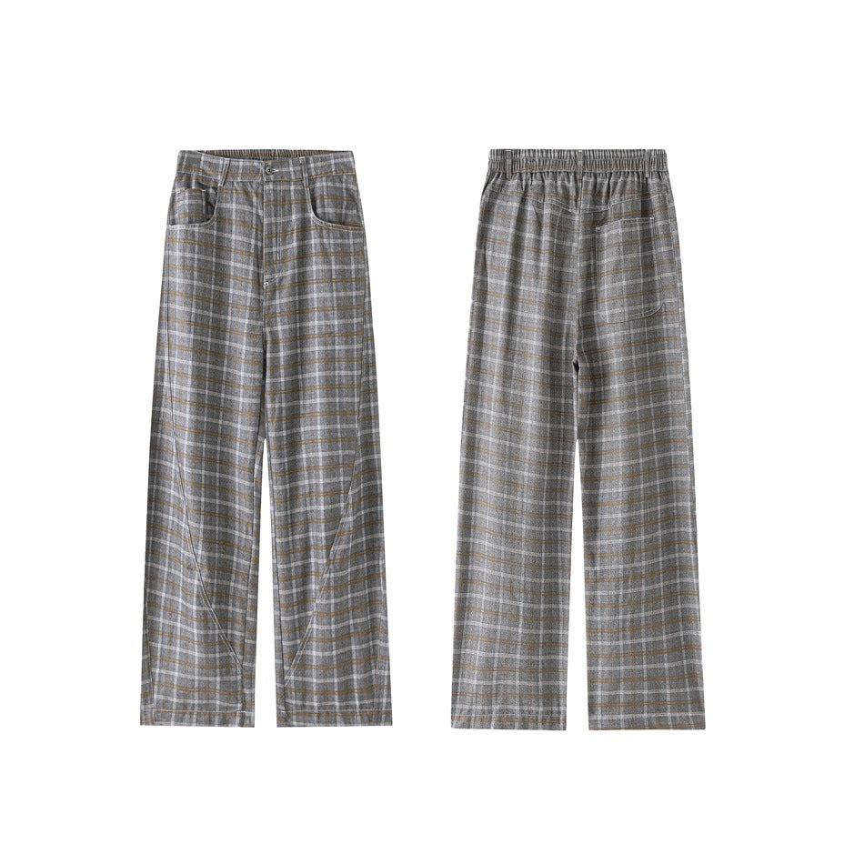 Front and back views of gray plaid wide-leg pants side by side on a white background