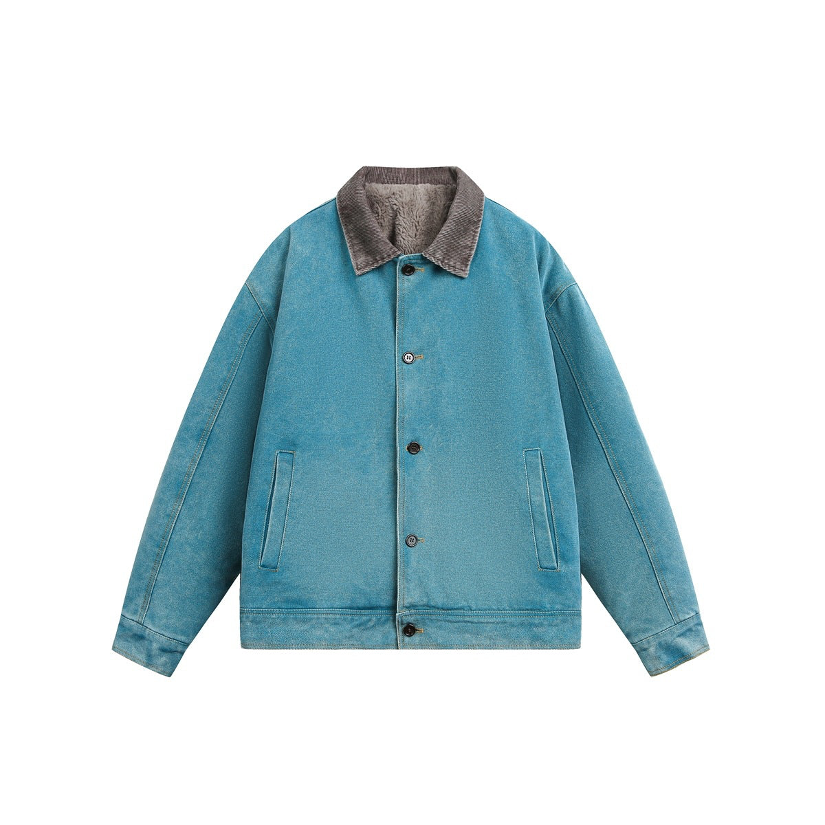 Washed teal-blue button-front jacket with brown corduroy-look collar and fleece-like inner collar, flat front view