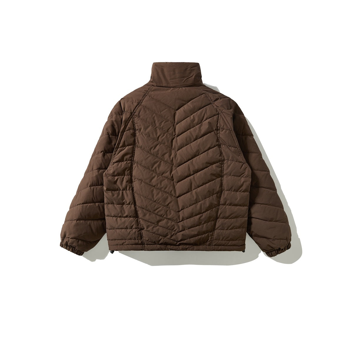 Back view of a brown quilted jacket with a raised collar and chevron stitching.