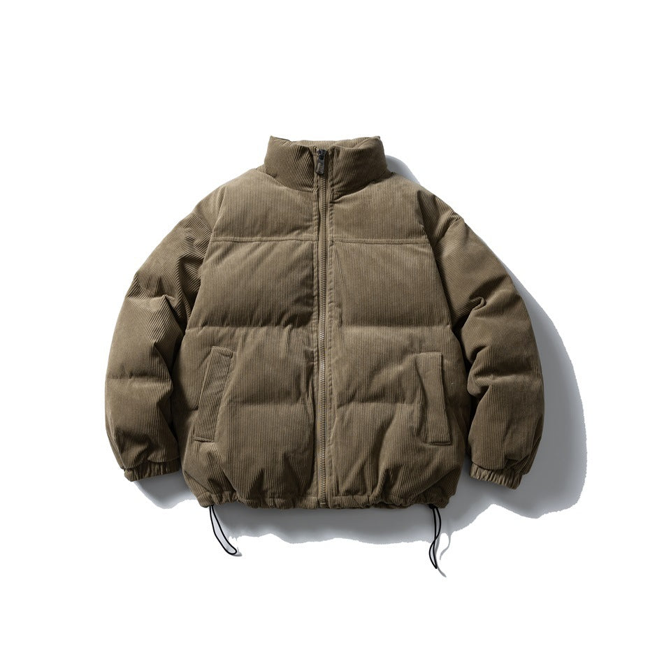 Bean green corduroy-look puffer jacket with stand collar, front zipper, side pockets and drawcord hem, flat lay