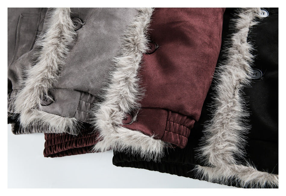 Close-up of gray, burgundy, and black jacket fronts showing fur trim, buttons, and elasticized hems.