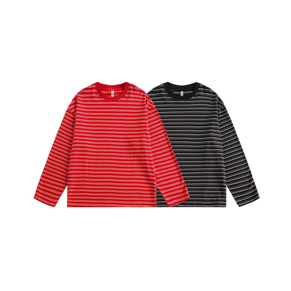 Two long-sleeve striped shirts shown together in red and black colorways.
