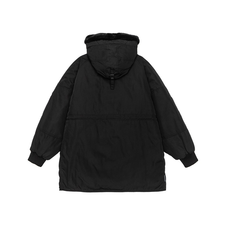 Back view of black hooded jacket with plush hood trim, buckle strap on the hood, waist seam line and ribbed cuffs