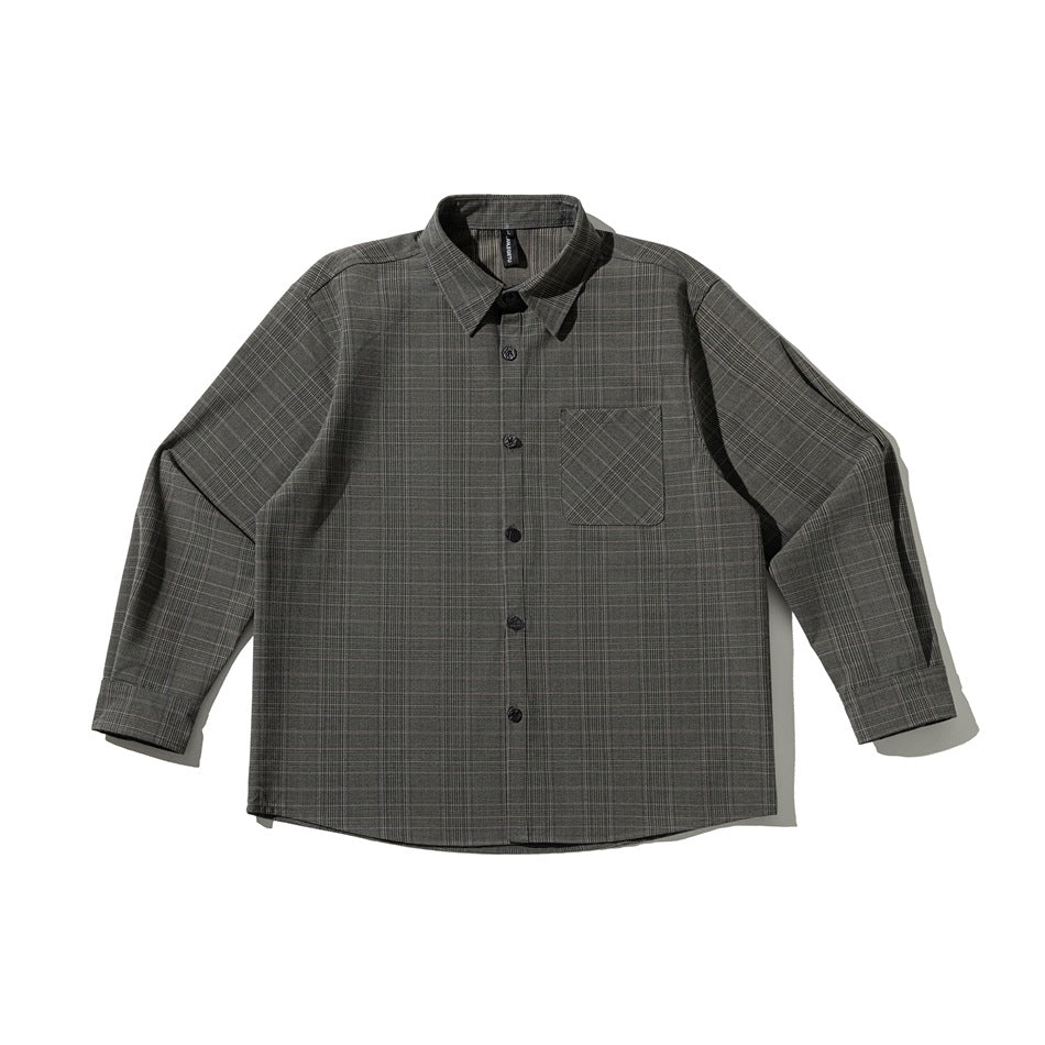 Gray plaid long-sleeve button-up shirt laid flat, front view with chest pocket and pointed collar