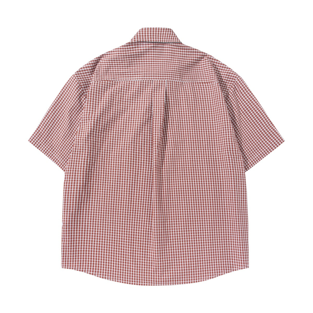 Back view of a rust and white gingham short-sleeve button-up shirt with a center pleat.