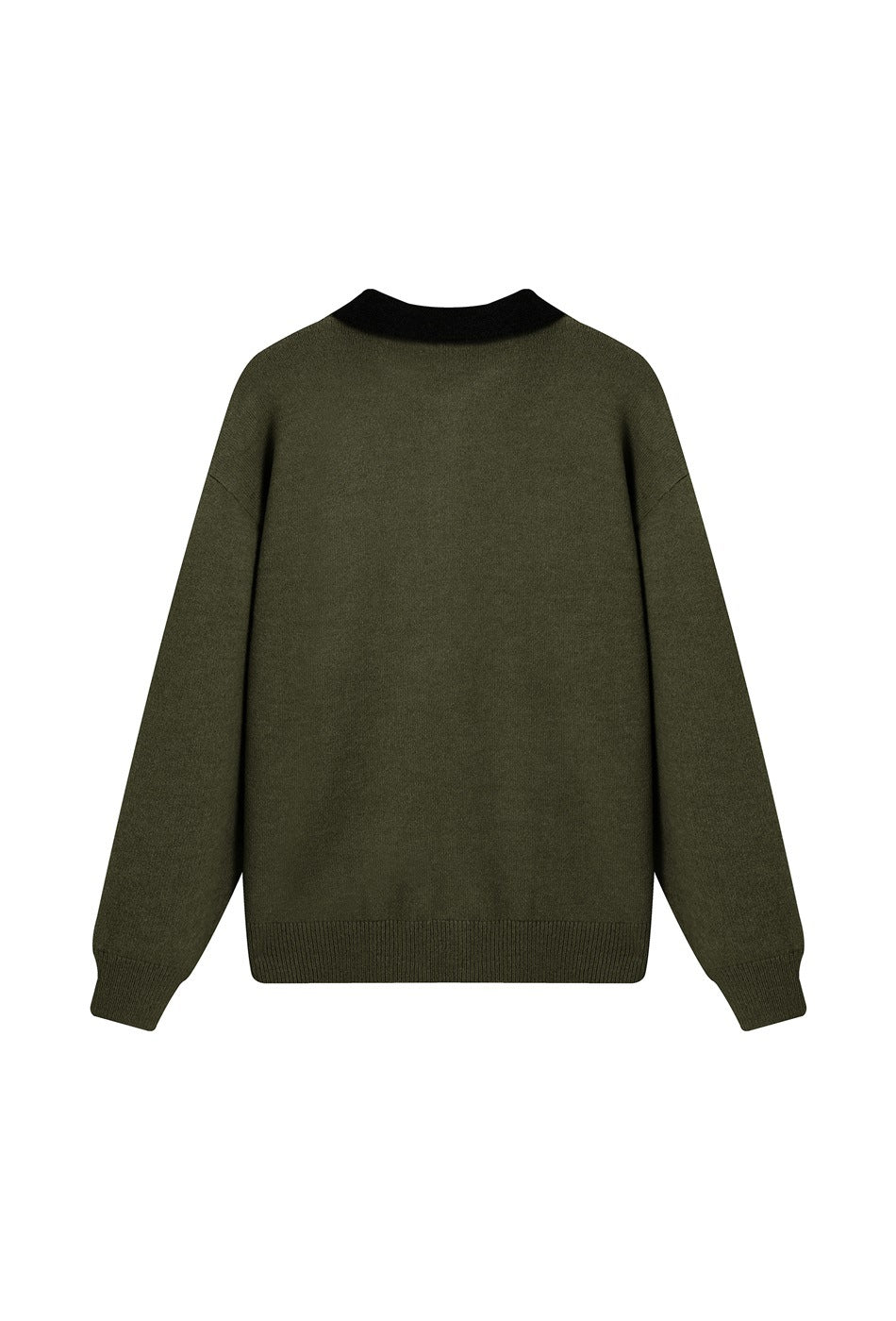 Back view of an olive green knit cardigan with a black collar, ribbed cuffs, and ribbed hem.