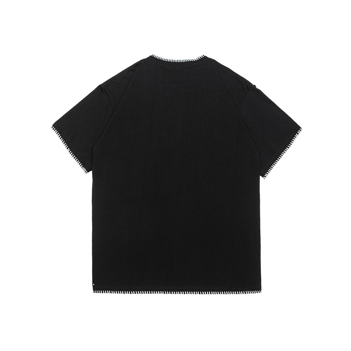Back view of a black short-sleeve T-shirt with white blanket stitching at the neckline, sleeve edges, and hem.