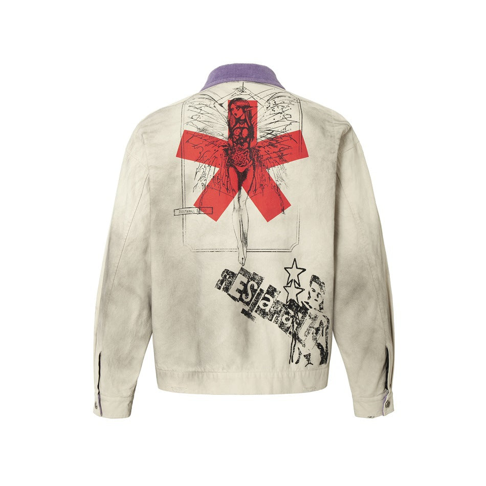 Back view of a beige jacket with a purple collar and large red-and-black illustrated graphic print.