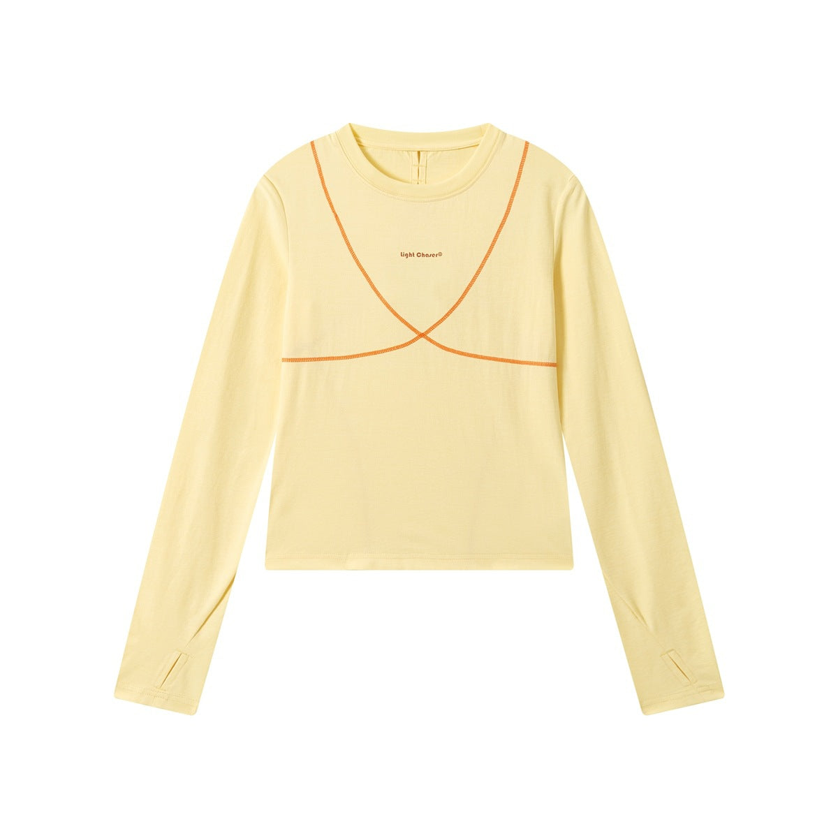 Yellow long-sleeve crew-neck top, front view, with orange X-shaped contrast stitching and thumbhole cuffs
